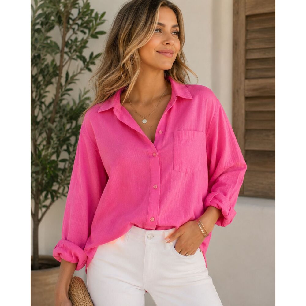 Bright Pink Lightweight Button Down Shirt Small Relaxed Fit 40” Bust Barbiecore